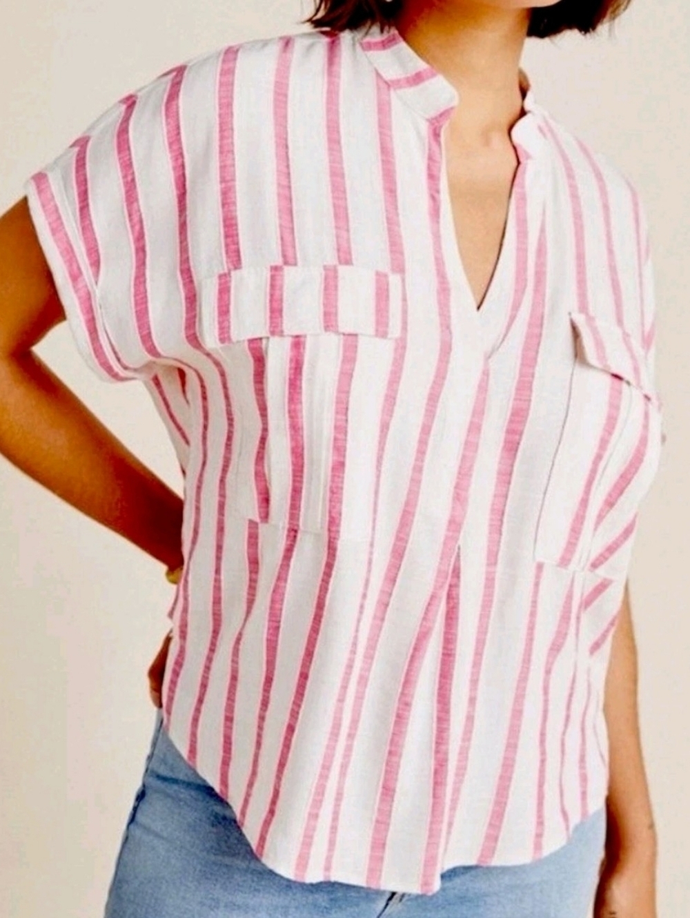 Maeve By Anthropologie Amira Utility Blouse Pink And Ivory Stripes Size Large.